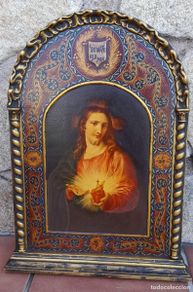 Antiguidades: RETABLO DE SAGRADO CORAZÓN SOBRE PIEL